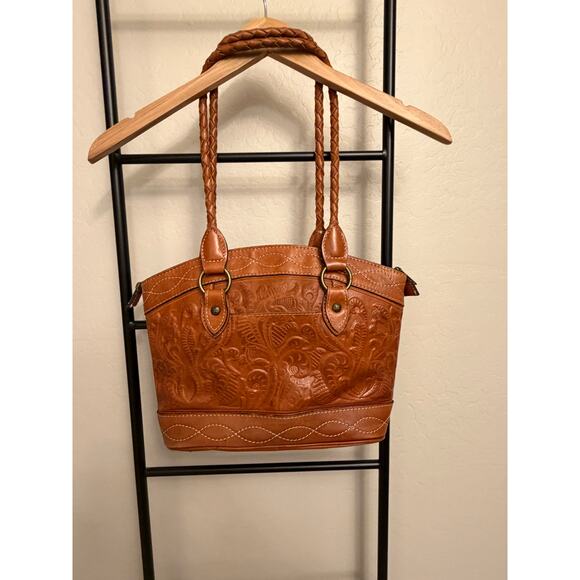 Patricia Nash Brown leather embossed purse/bag/tote braided straps tassel detail - Picture 3 of 9